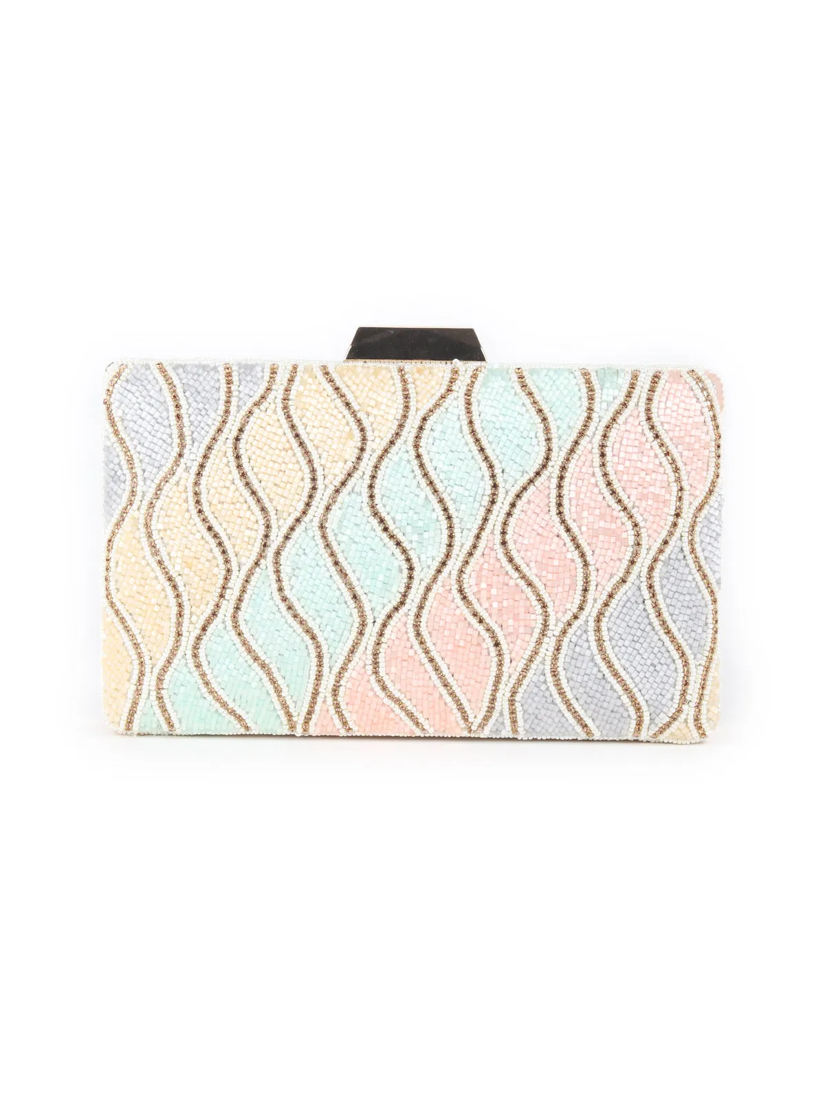 Odette Beige and Multicolor Beads Embroidered Clutch for Women