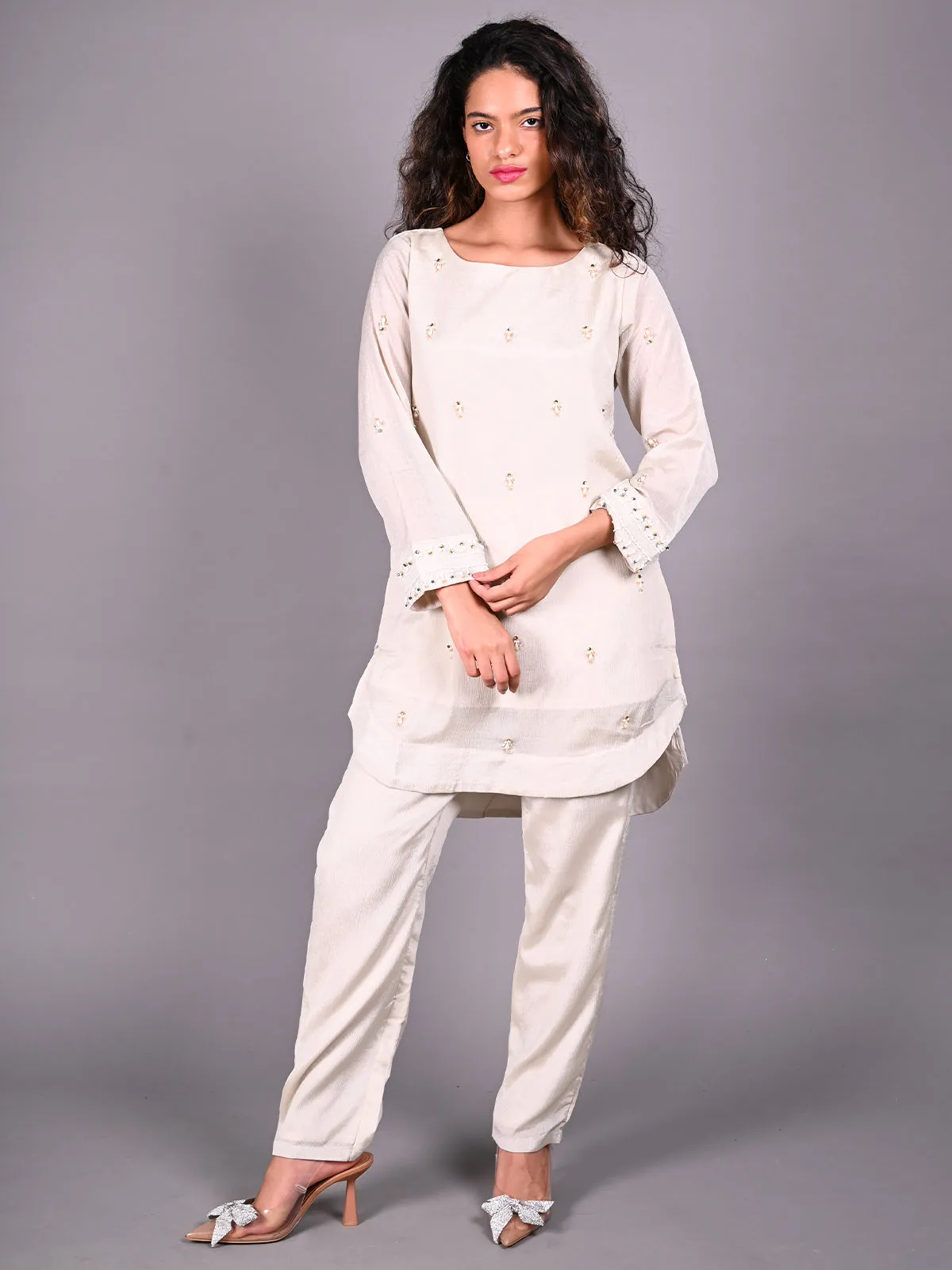 Odette Beige Beads Embroidered Chinnon Co Ord Set for Women