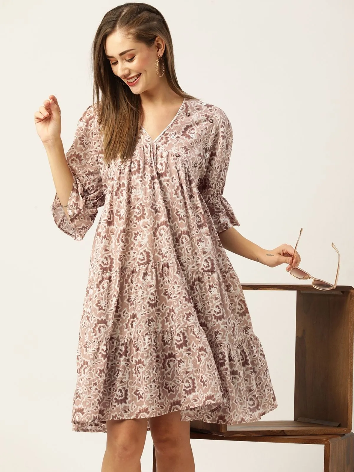 Odette Beige Cotton Printed Stitched Indo Western Dress For Women