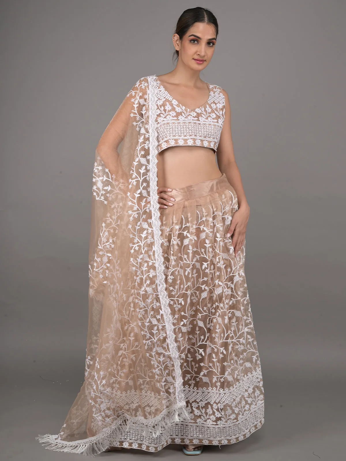 Odette Beige Embroidered Stitched Net Lehenga Set For Women