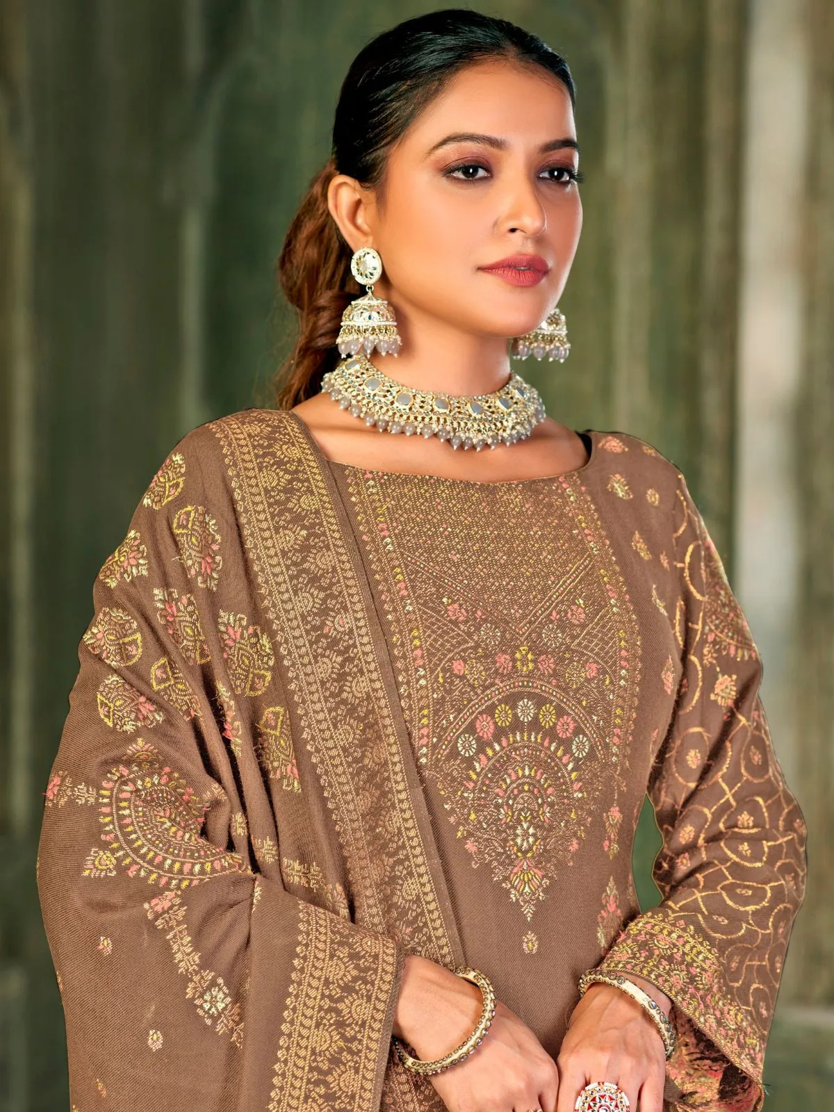 Odette Beige Embroidered Viscose Semi Stitched Kurta Set For Women