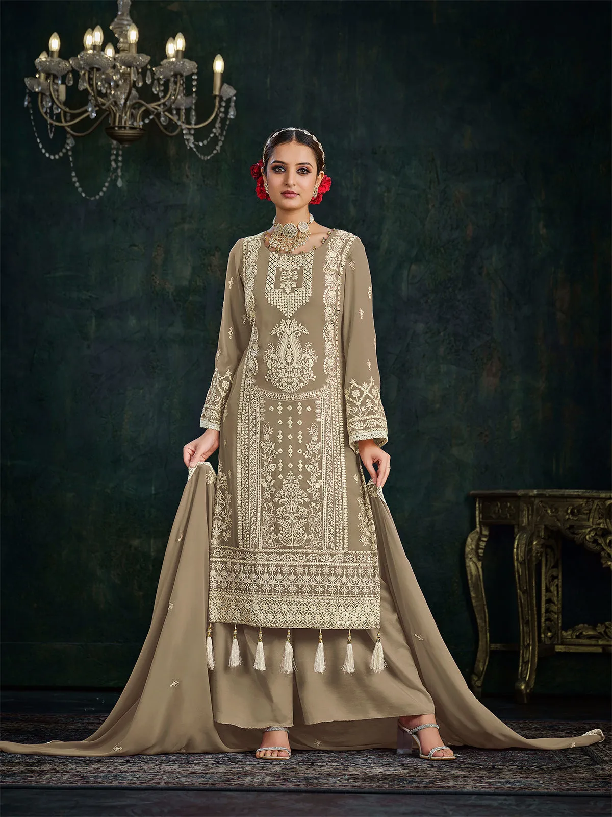 Odette Beige Georgette Embroidered Semi stitched Kurta Set For Women