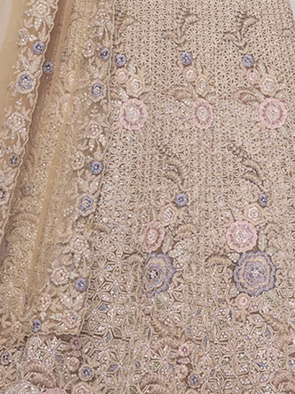 Odette Beige Net Embellished Semi Stitched Lehenga With Unstitched Blouse For Women