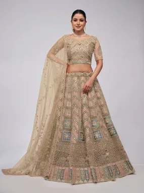 Odette Beige Net Embellished Semi Stitched Lehenga With Unstitched Blouse For Women