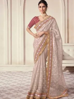 Odette Beige Organza Embroidered Saree With Unstitched Blouse For Women