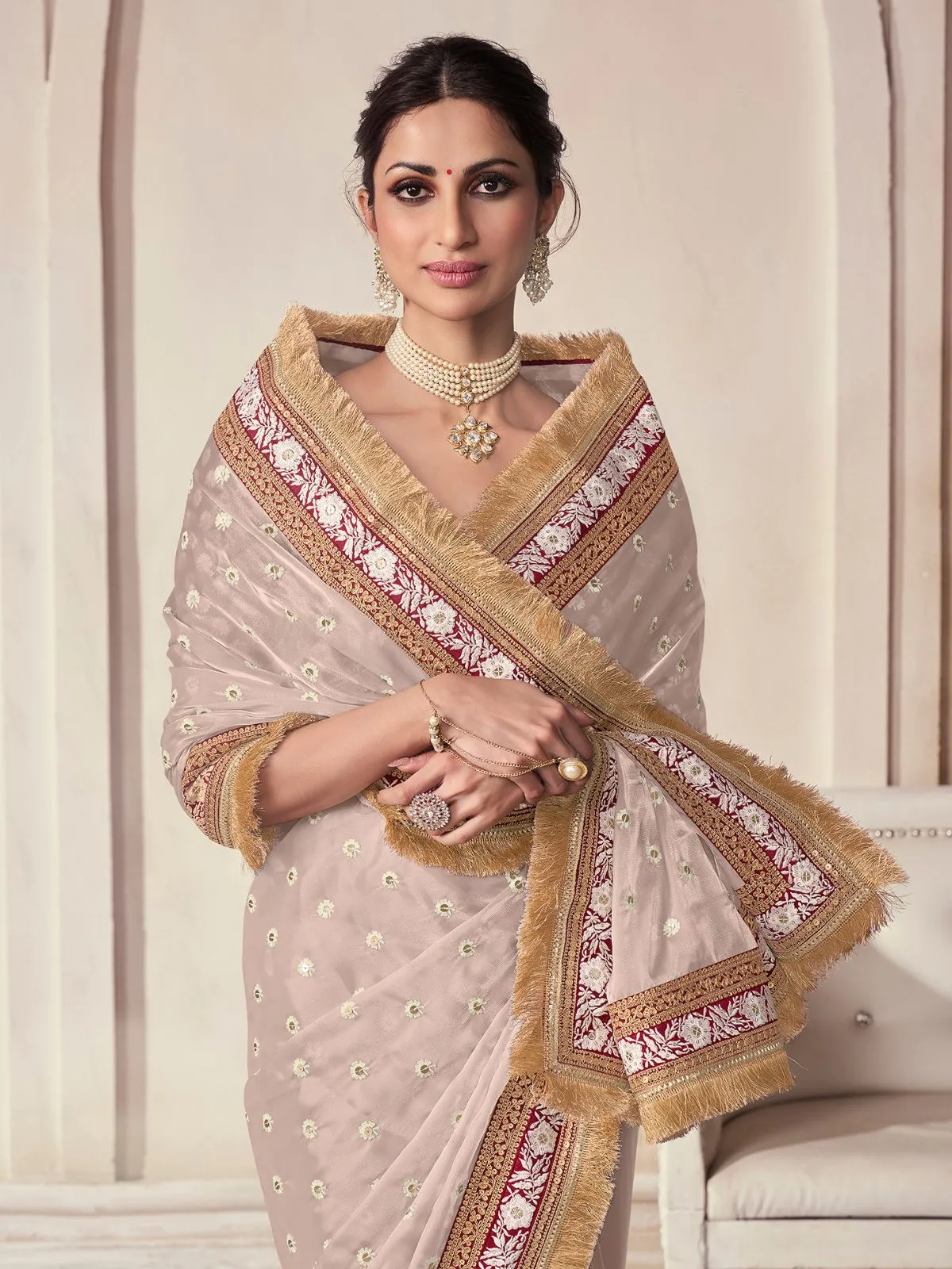 Odette Beige Organza Embroidered Saree With Unstitched Blouse For Women