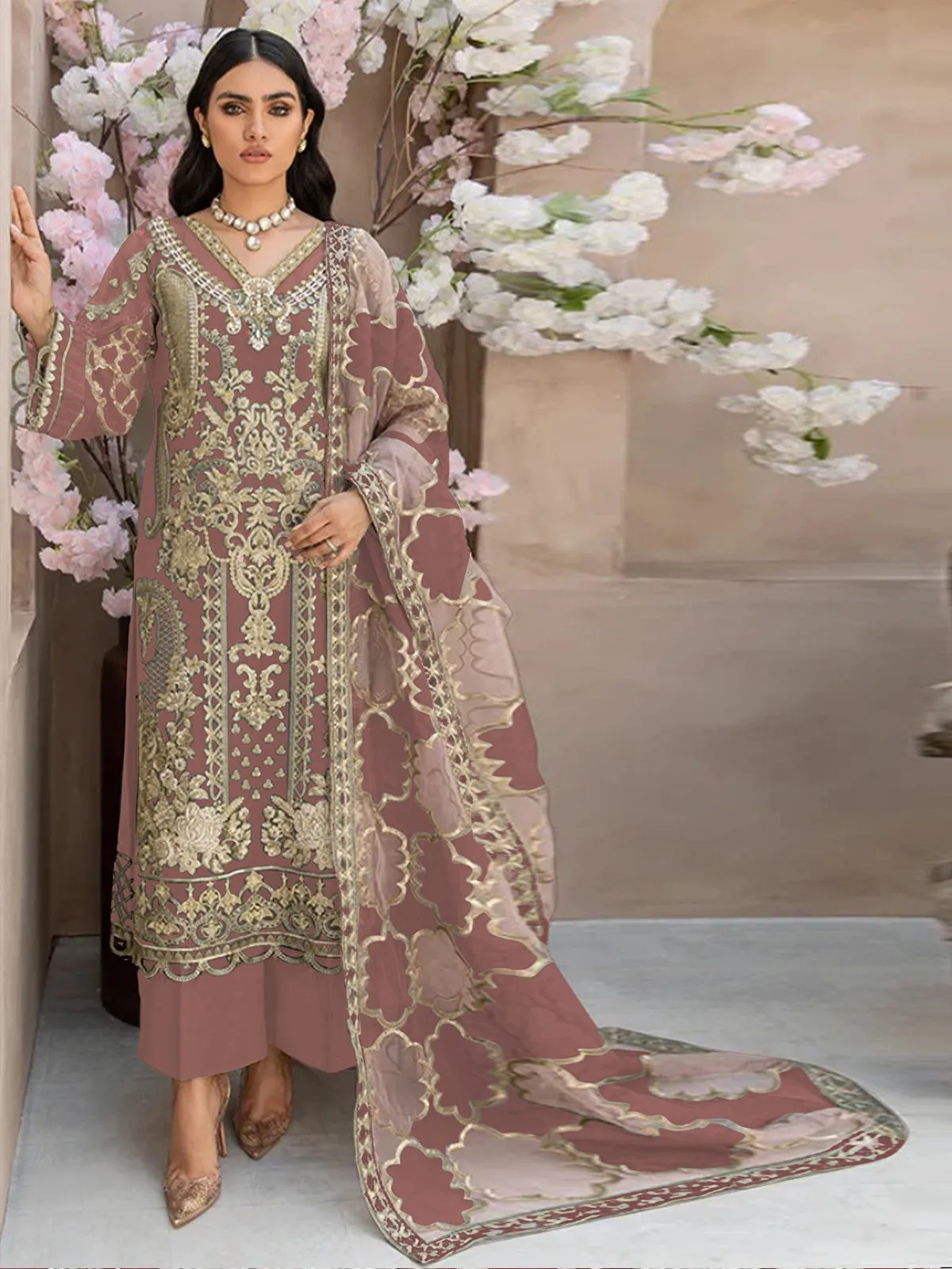 Odette Beige Organza Embroidered Semi Stitched Salwar Suit For Women