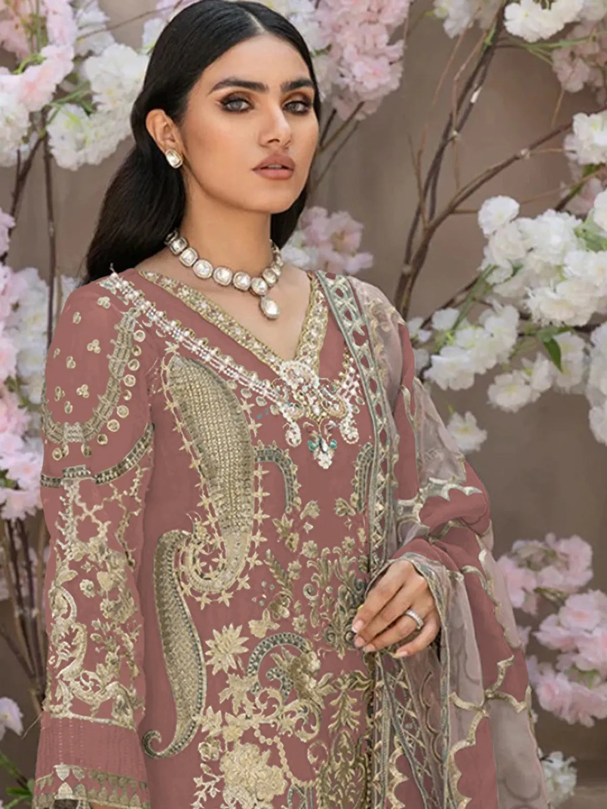 Odette Beige Organza Embroidered Semi Stitched Salwar Suit For Women