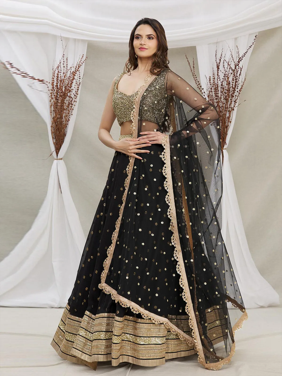 Odette Black And Gold Sequins Embroidered Semi Stitched Lehenga With Unstitched Blouse  For Women