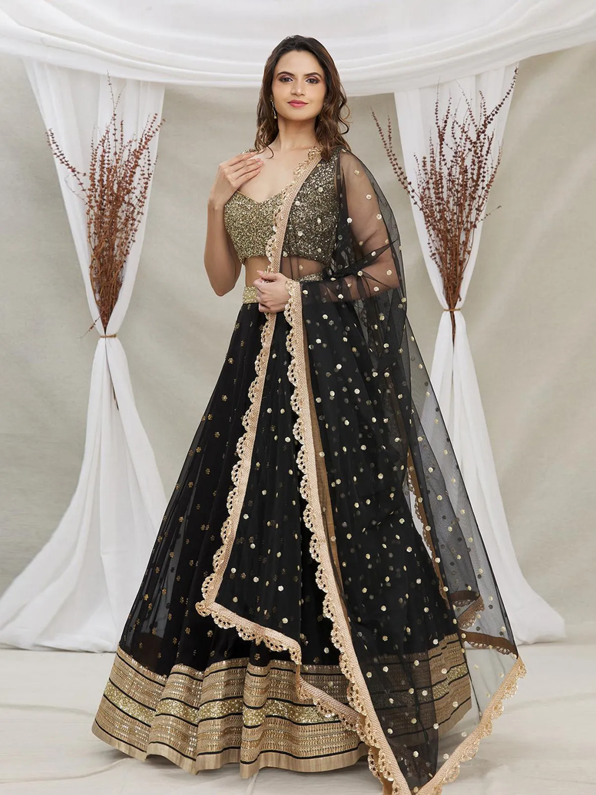 Odette Black And Gold Sequins Embroidered Semi Stitched Lehenga With Unstitched Blouse  For Women