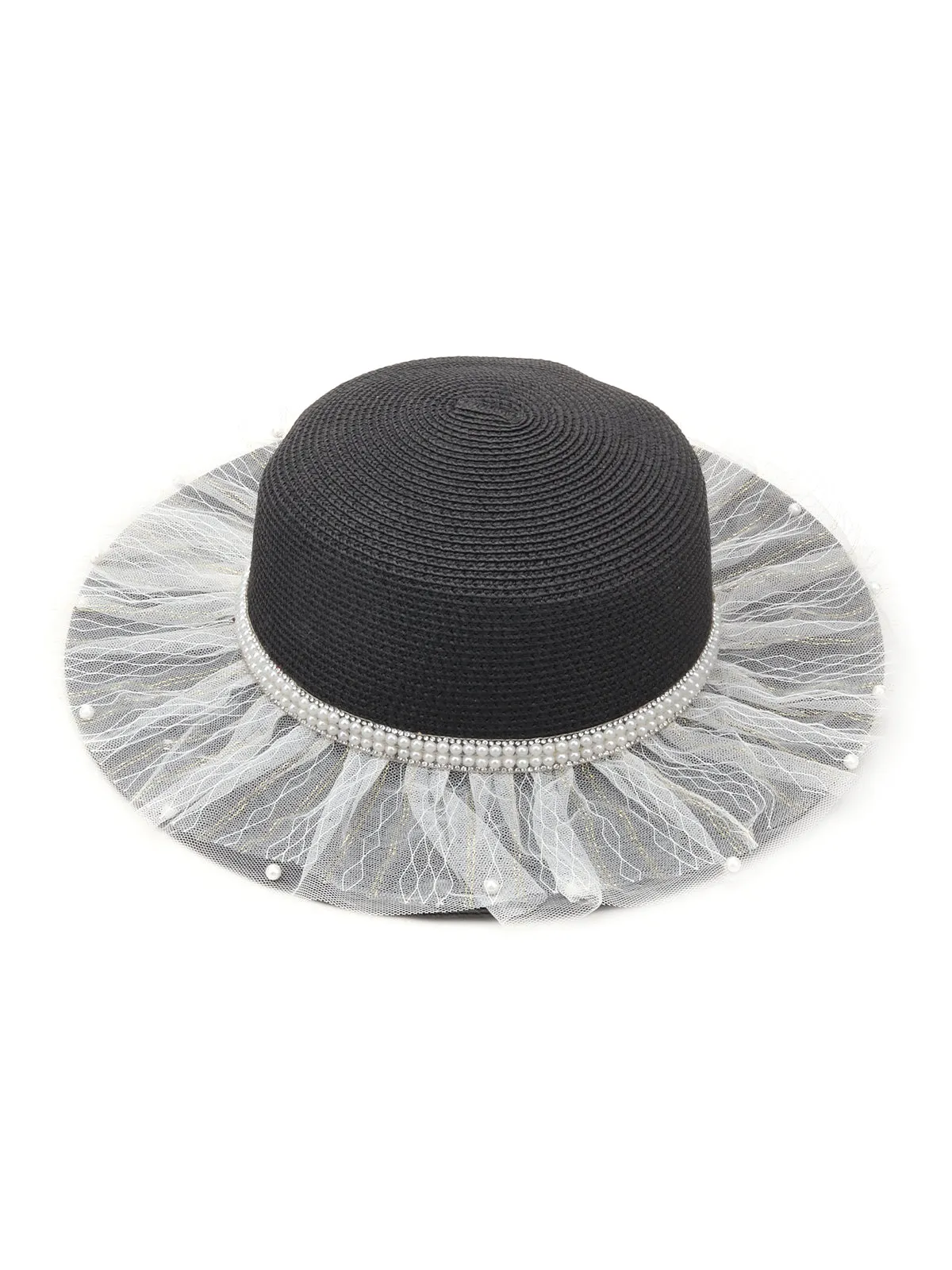 Odette Black and White Pearl Embellished Netted Straw Bowler Hat for Women