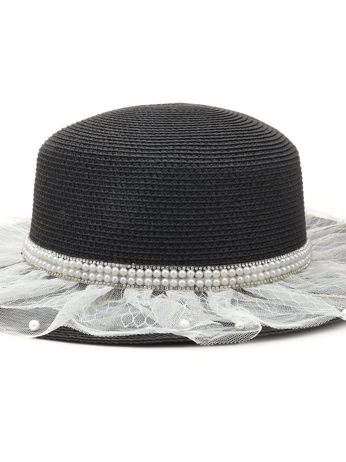 Odette Black and White Pearl Embellished Netted Straw Bowler Hat for Women