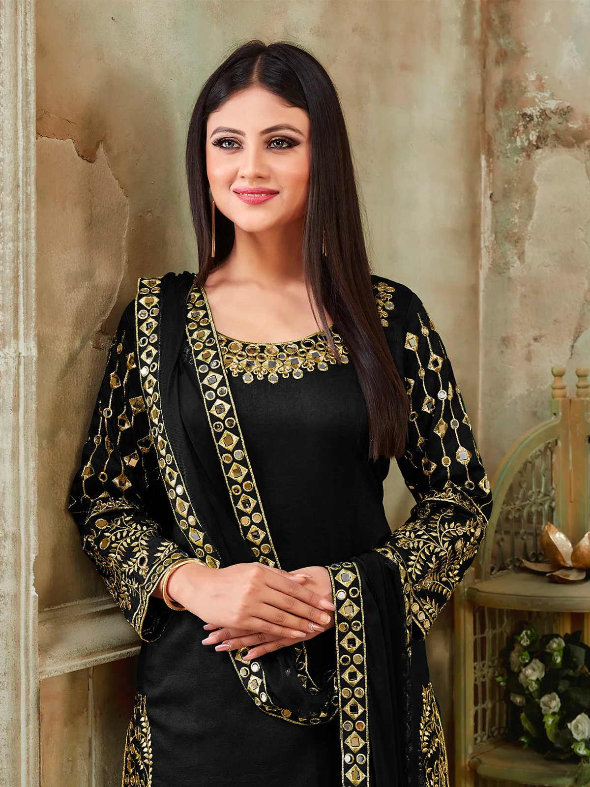 Odette Black Art silk Embroidered Semi stitched Kurta Set