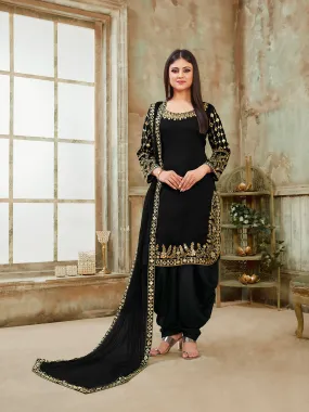 Odette Black Art silk Embroidered Semi stitched Kurta Set