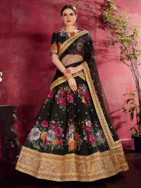 Odette Black Art Silk Printed Semi Stitched Lehenga for Women