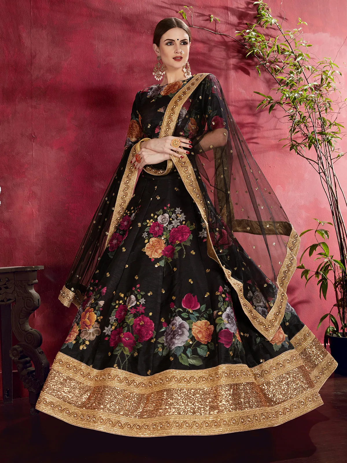 Odette Black Art Silk Printed Semi Stitched Lehenga for Women