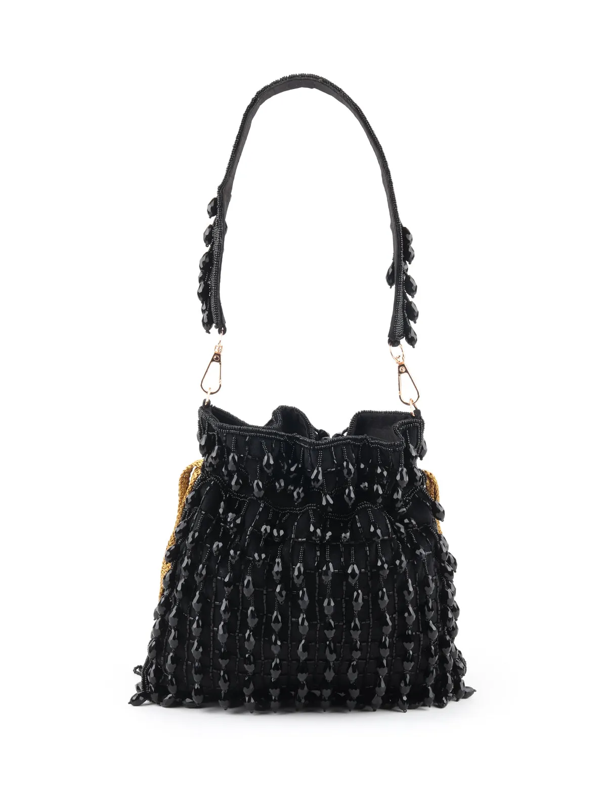 Odette Black Beads Embroidered Tassels Potli Bag for Women