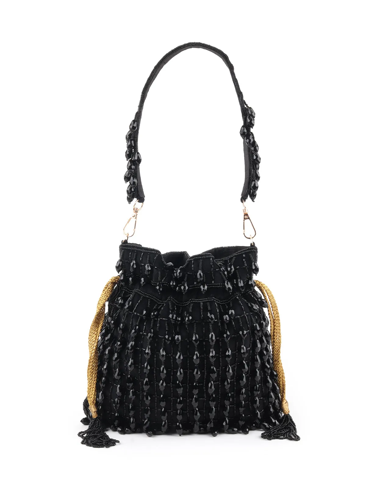 Odette Black Beads Embroidered Tassels Potli Bag for Women