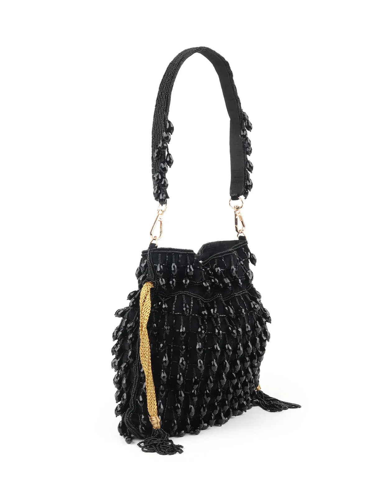 Odette Black Beads Embroidered Tassels Potli Bag for Women