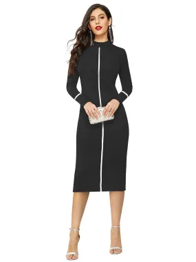 Odette Black Bodycon Knit Fabric Dress For Women