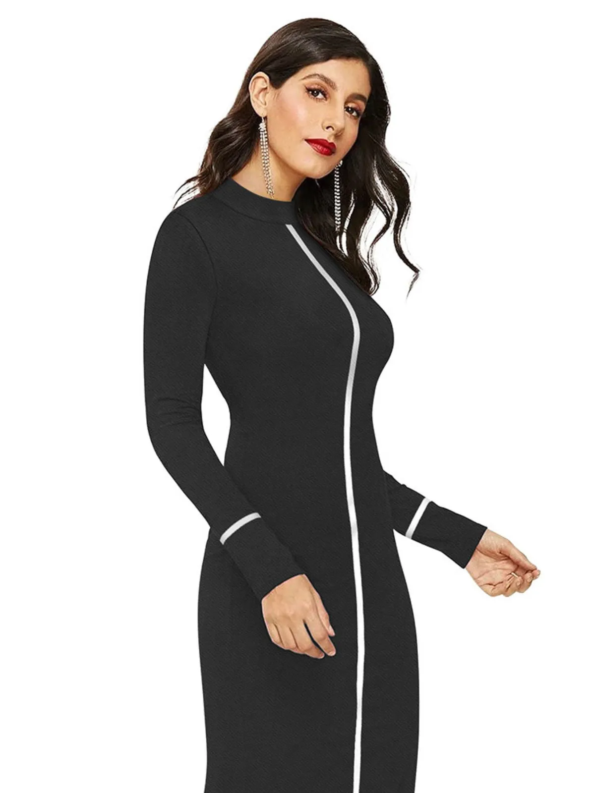 Odette Black Bodycon Knit Fabric Dress For Women