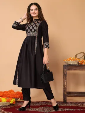 Odette Black Cotton Blend Printed A Line Kurta Set For Women