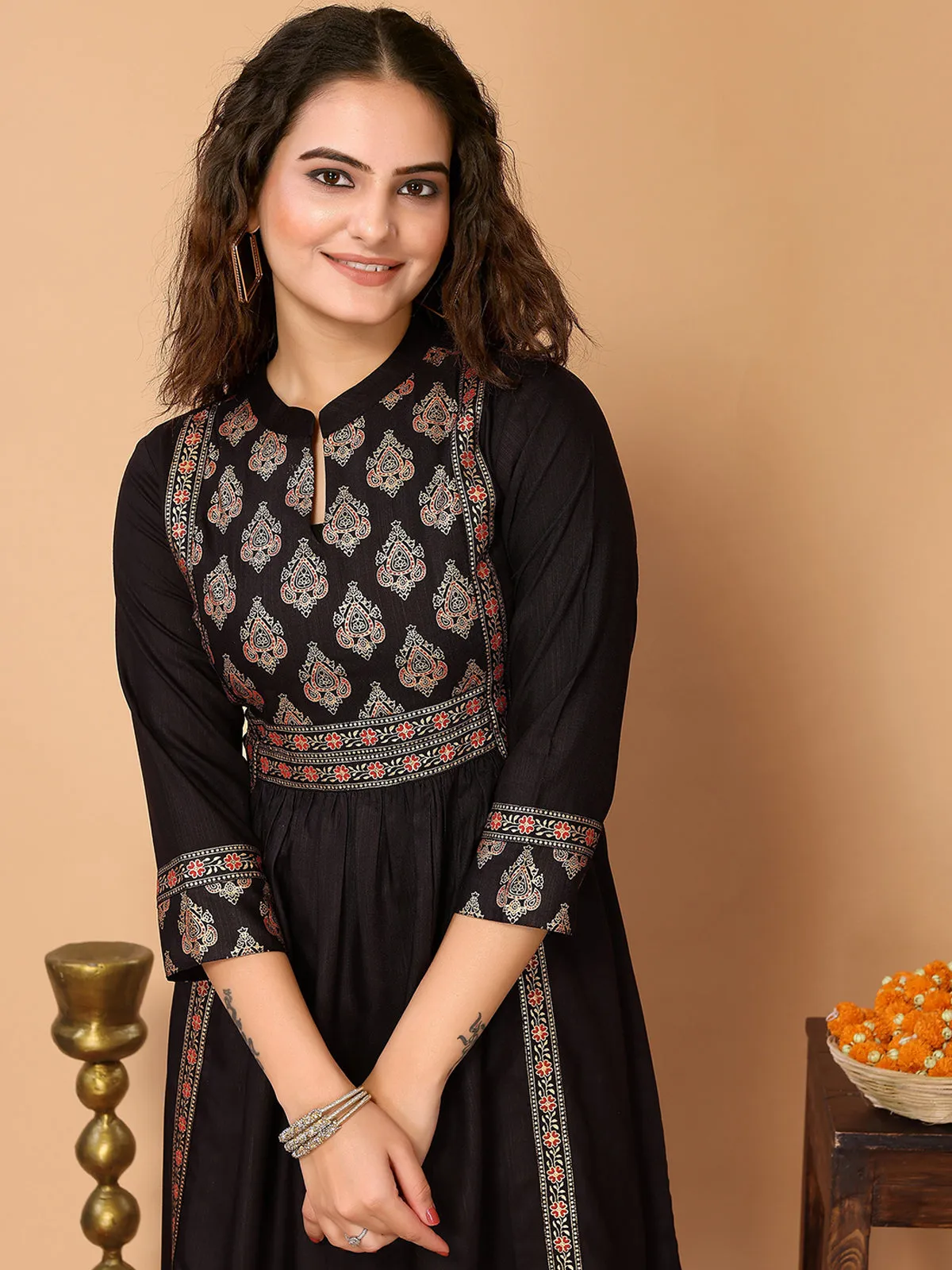 Odette Black Cotton Blend Printed A Line Kurta Set For Women