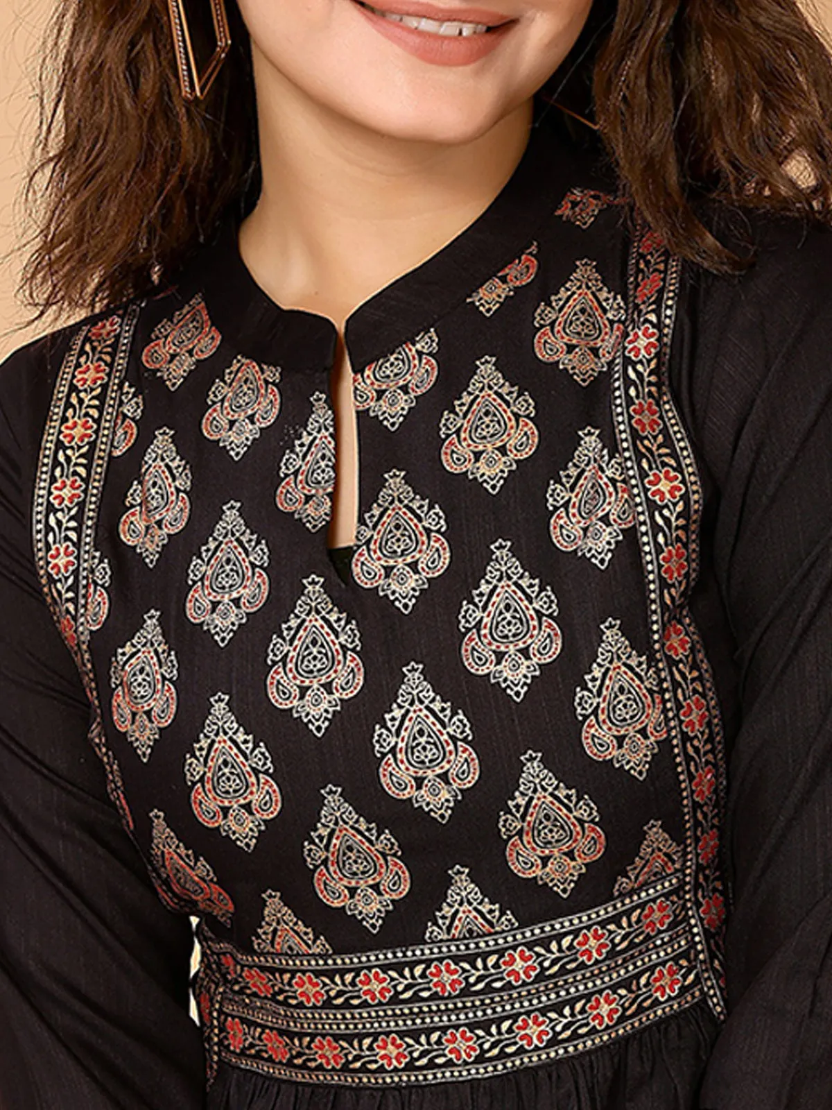 Odette Black Cotton Blend Printed A Line Kurta Set For Women