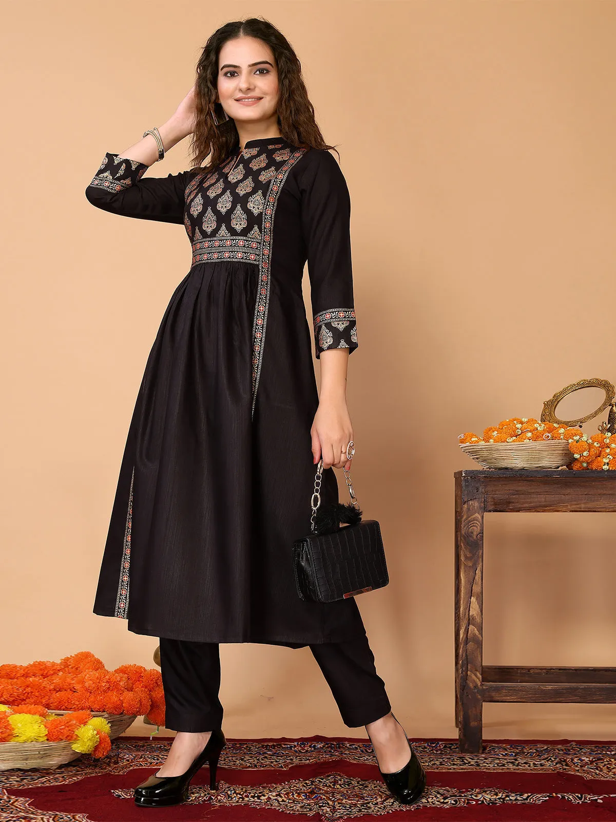 Odette Black Cotton Blend Printed A Line Kurta Set For Women