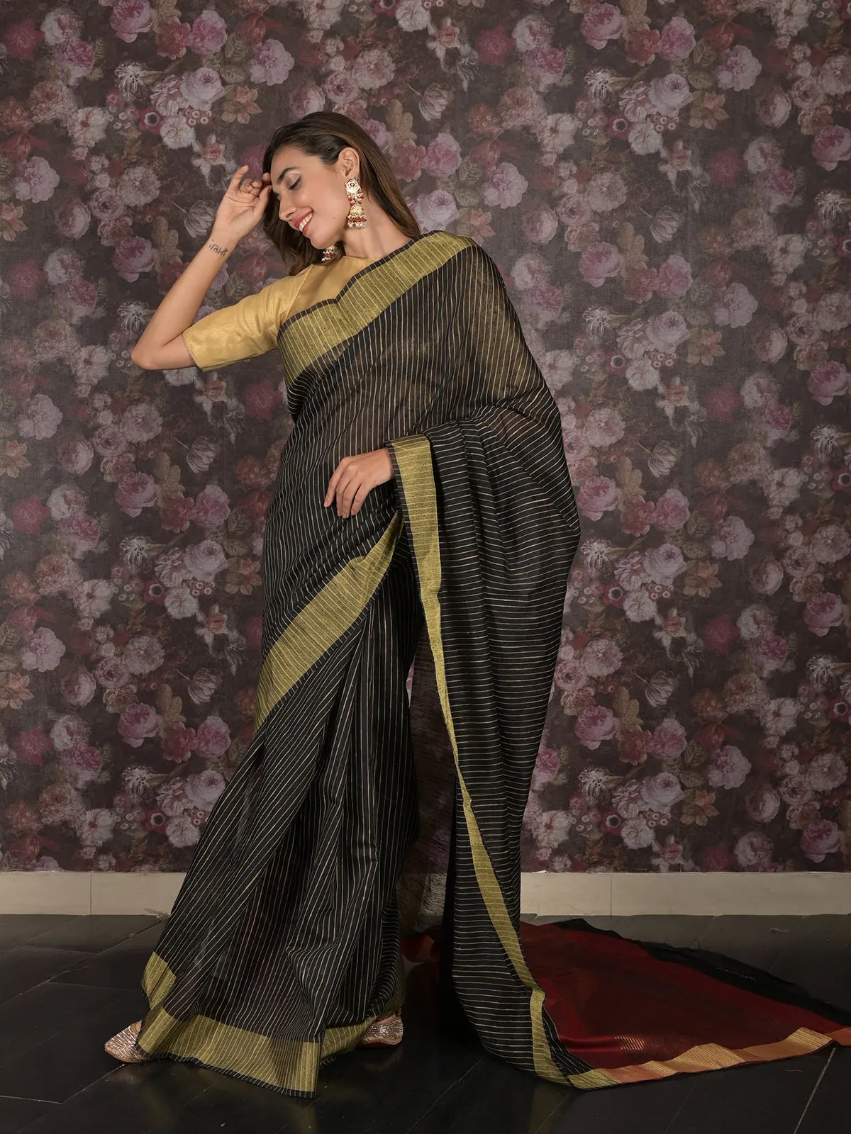 Odette Black Cotton Blend Woven Saree with Unstitched Blouse for Women