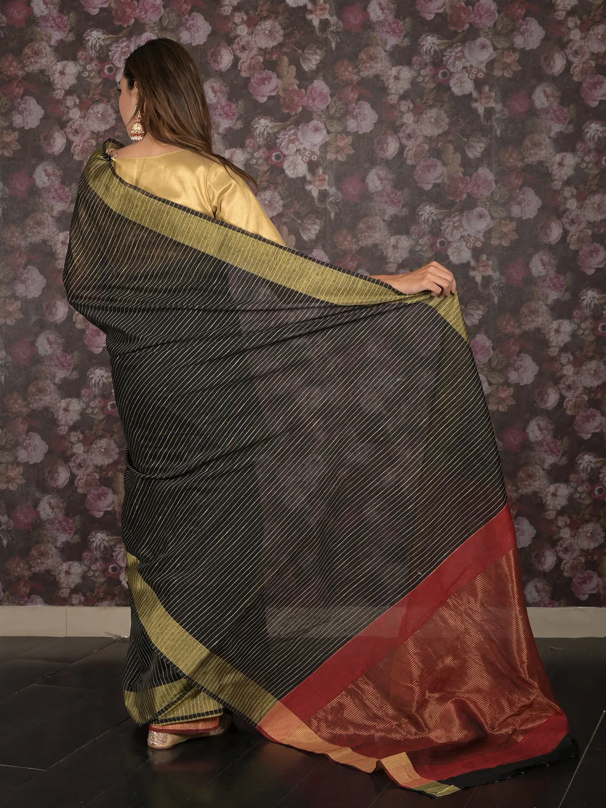 Odette Black Cotton Blend Woven Saree with Unstitched Blouse for Women