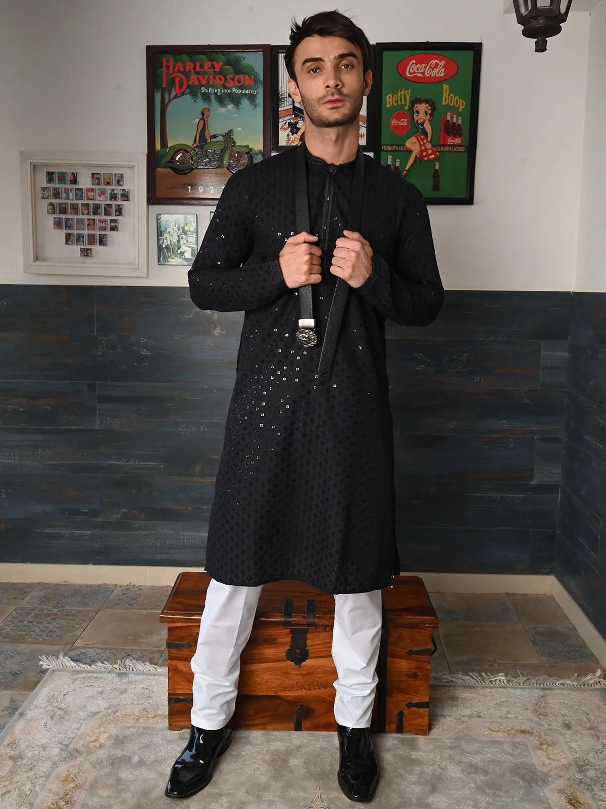 Odette Black Embroidered Cotton Traditional Kurta Set For Men