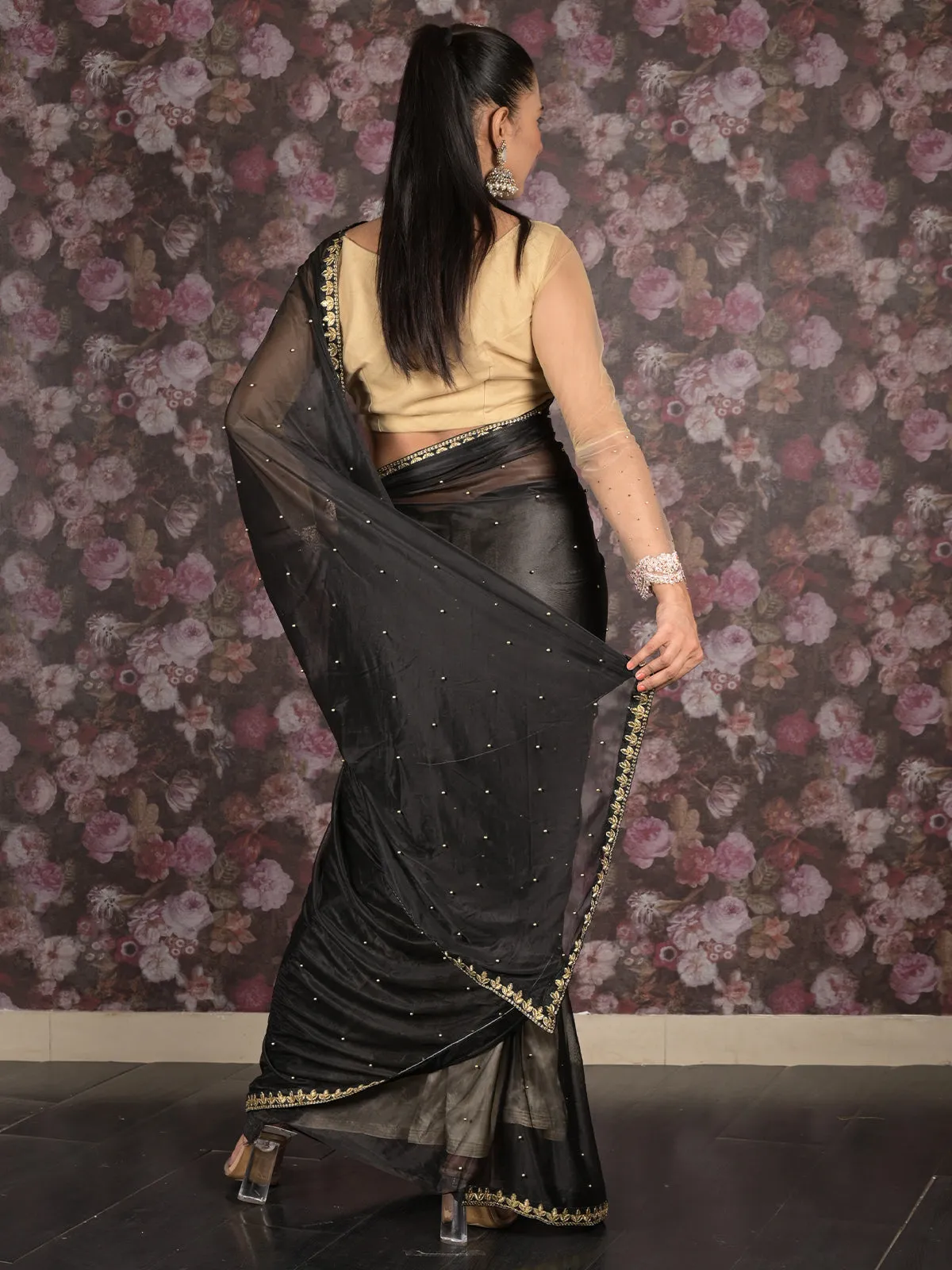 Odette Black Embroidered Satin Saree With Unstitched Blouse For Women