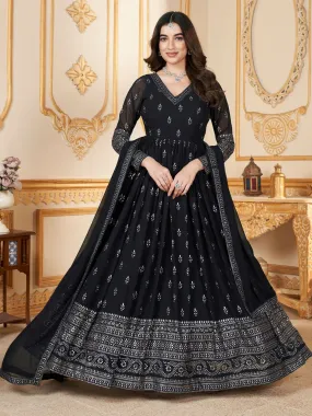 Odette Black Faux Georgette Metalic Multi Foil Work Stitched Gown With Dupatta For Women