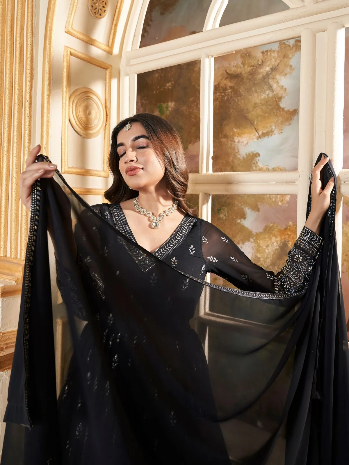 Odette Black Faux Georgette Metalic Multi Foil Work Stitched Gown With Dupatta For Women