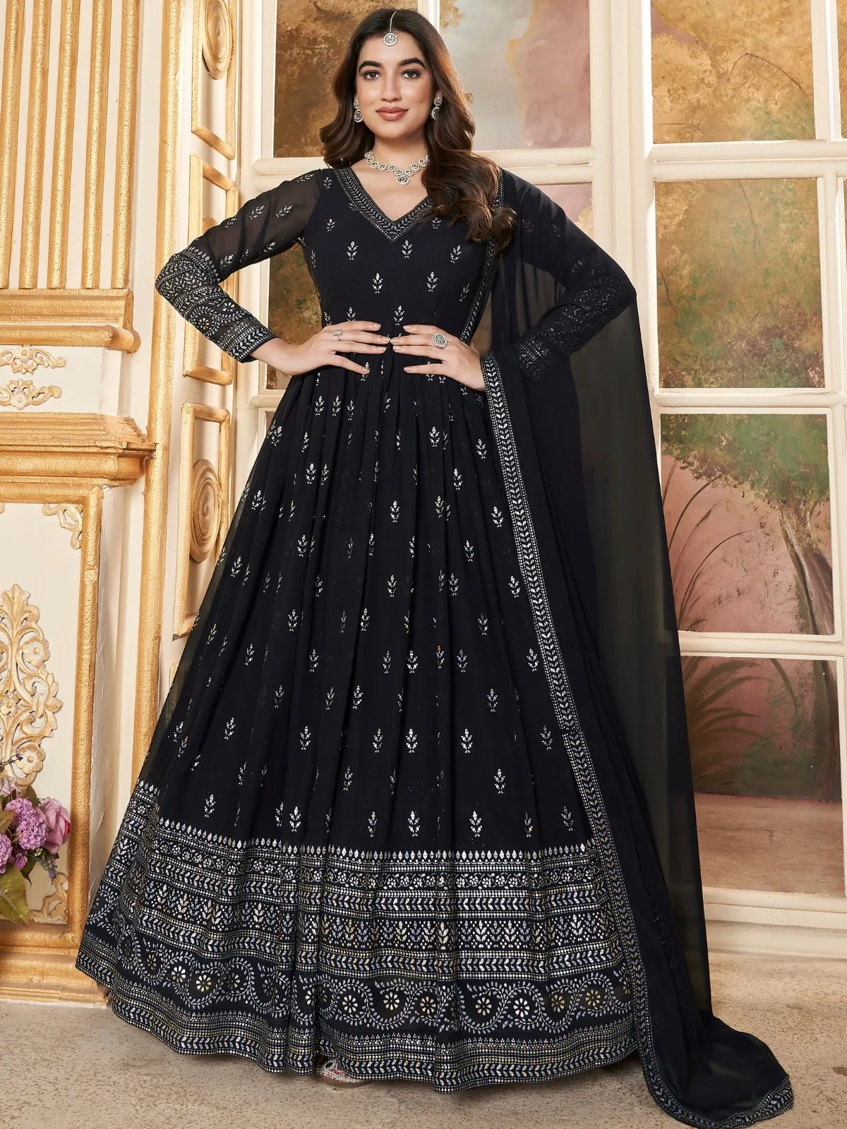 Odette Black Faux Georgette Metalic Multi Foil Work Stitched Gown With Dupatta For Women