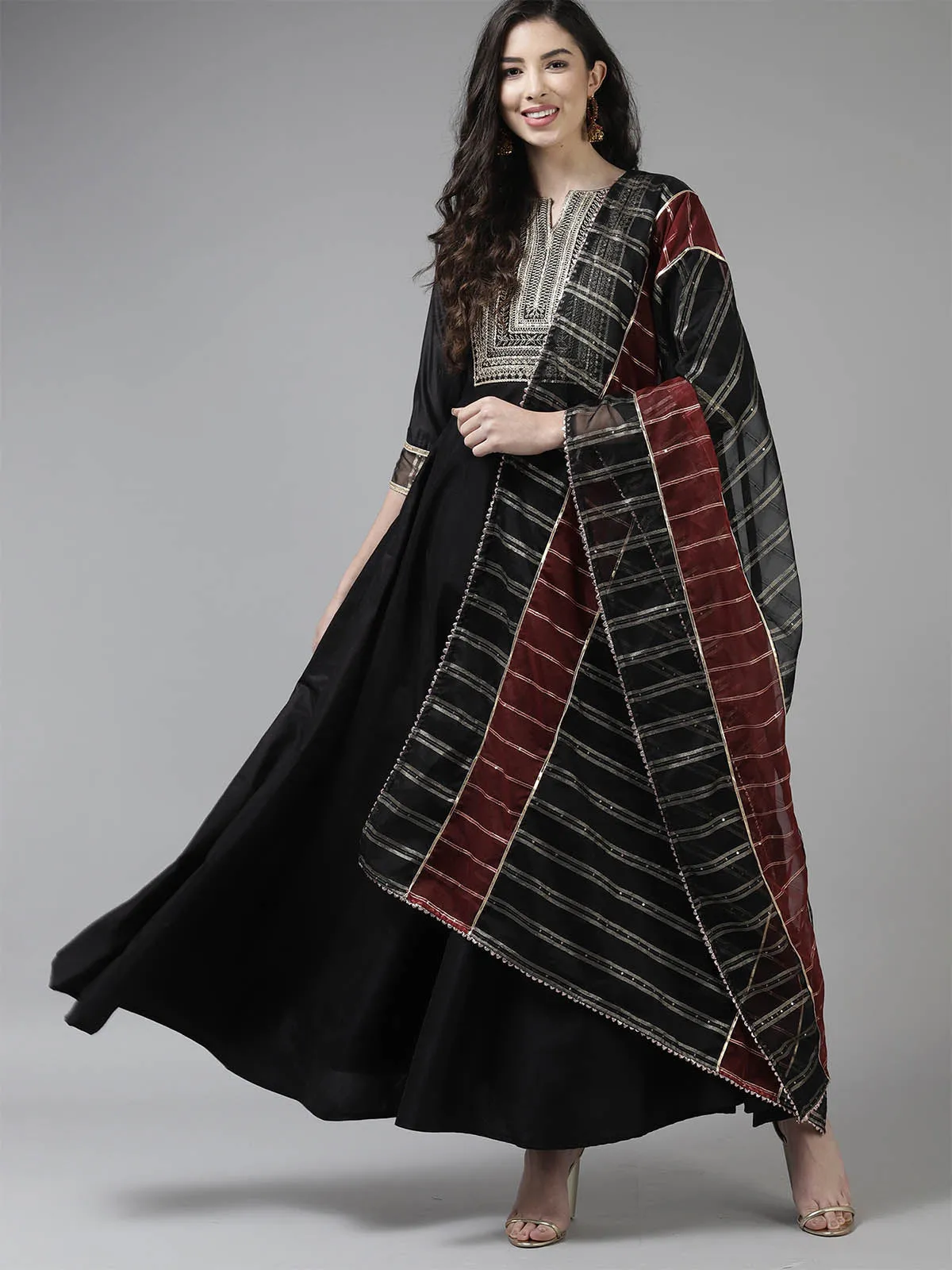 Odette Black Flared Stitched Kurta Trouser Dupatta For Women