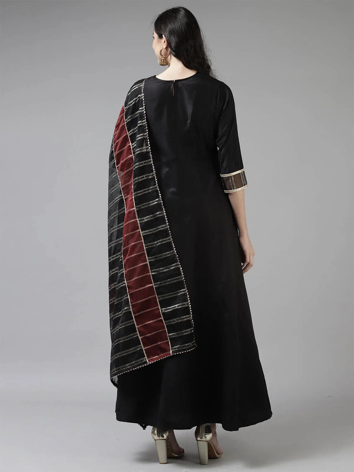 Odette Black Flared Stitched Kurta Trouser Dupatta For Women