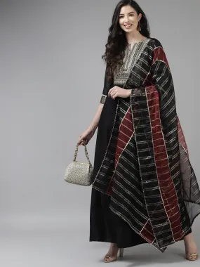 Odette Black Flared Stitched Kurta Trouser Dupatta For Women