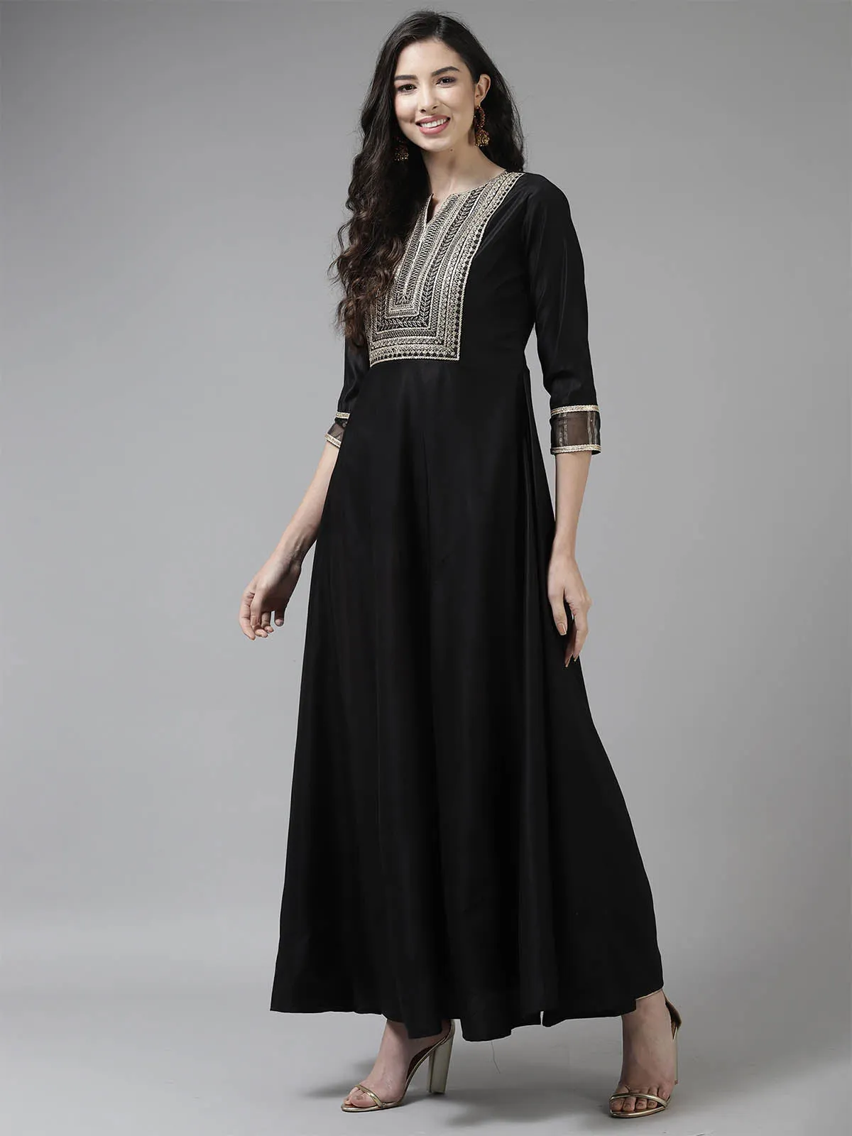 Odette Black Flared Stitched Kurta Trouser Dupatta For Women