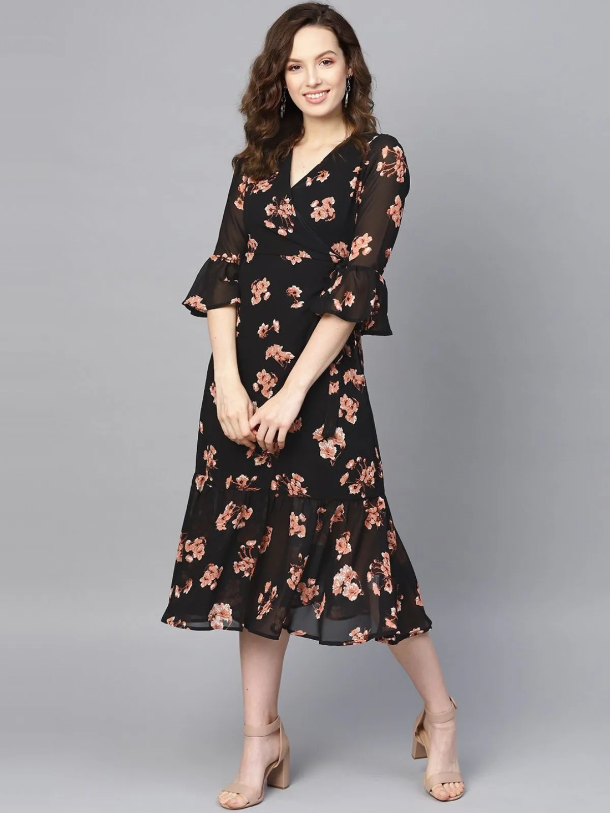 Odette Black Georgette Printed Stitched Western Dress For Women