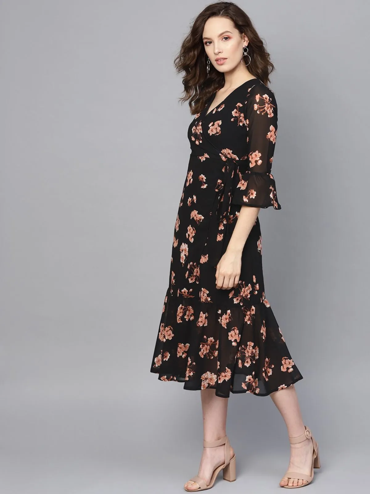 Odette Black Georgette Printed Stitched Western Dress For Women