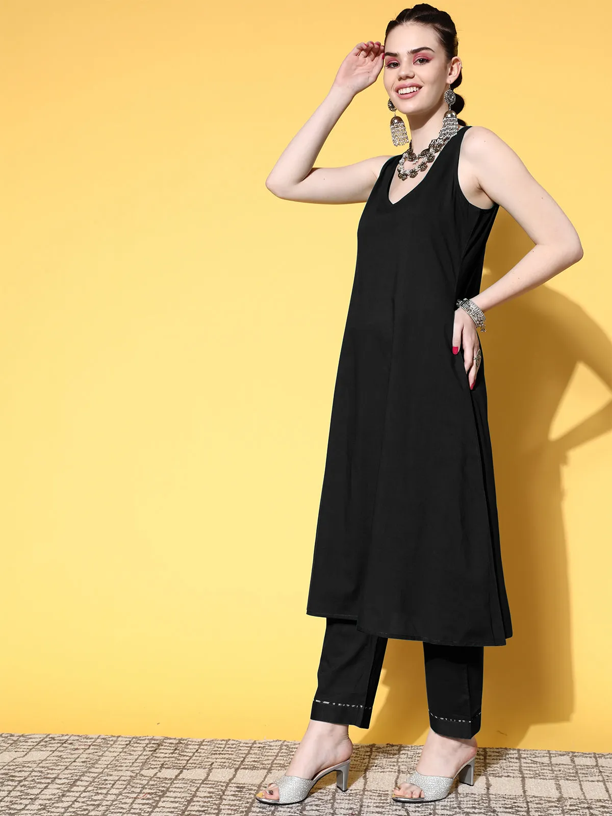 Odette Black Georgette Stitched Kaftan Set for Women