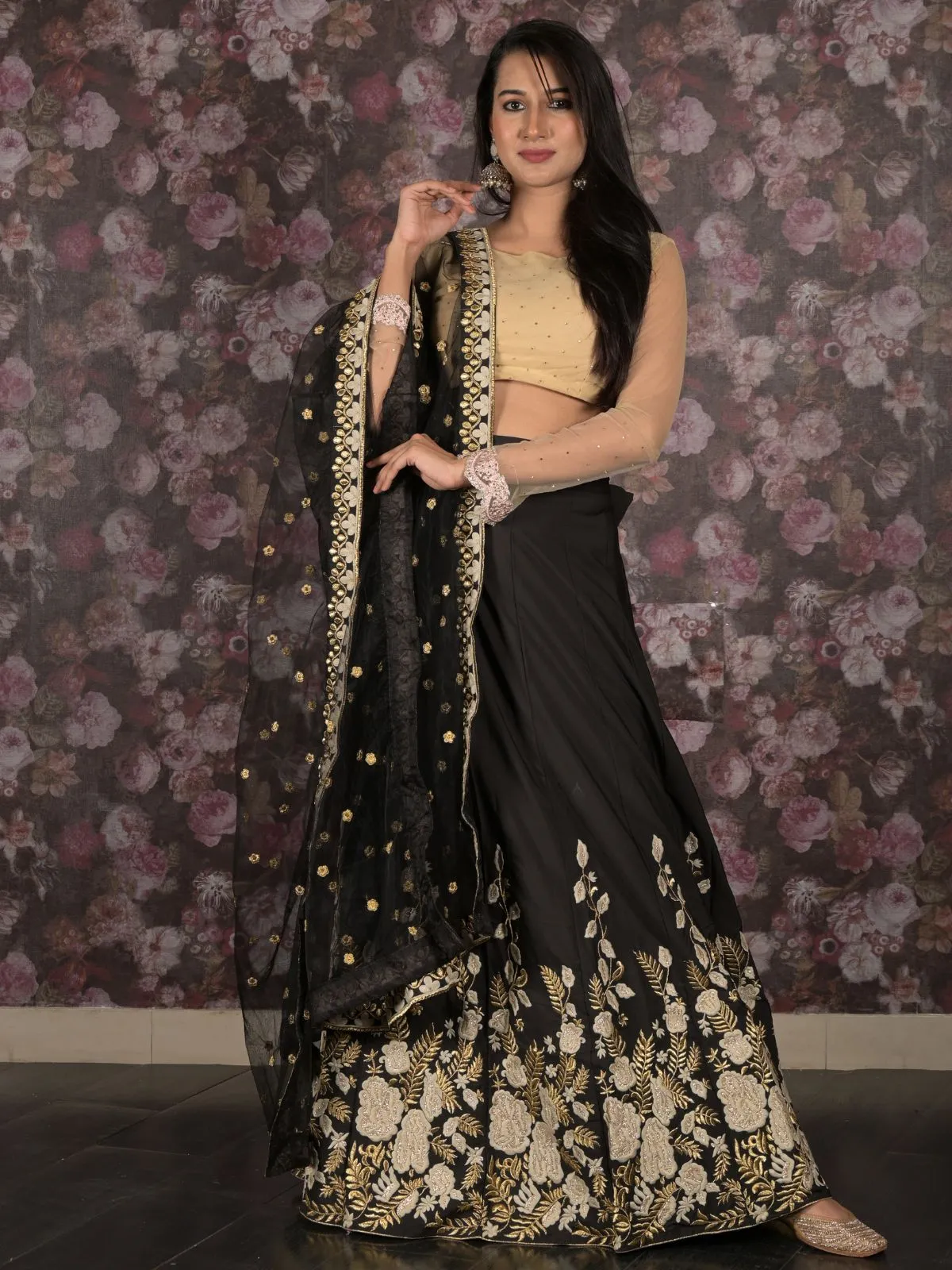 Odette Black Gold Thread Embroidered Semi-Stitched Polyester Lehenga with Unstitched Blouse for Women