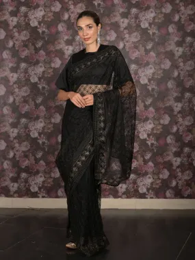 Odette Black Net Embroidered Saree with Unstitched Blouse for Women