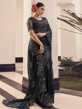 Odette Black Organza Embroidered Saree with Unstitched Blouse For Women