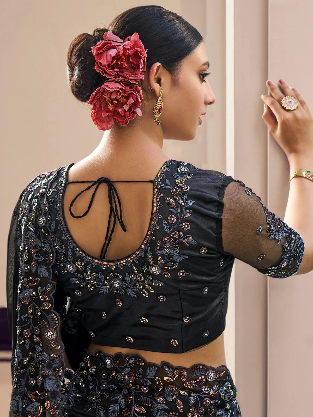 Odette Black Organza Embroidered Saree with Unstitched Blouse For Women