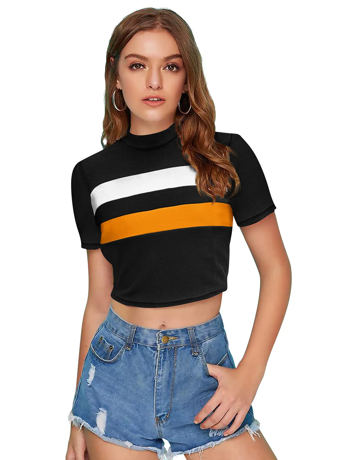 Odette Black Polyester Color Block Top For Women