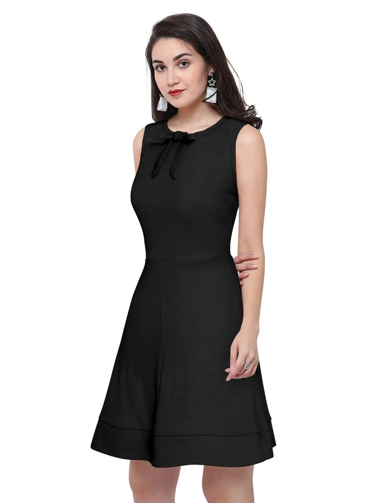 Odette Black Polyester Skater  Dress For Women