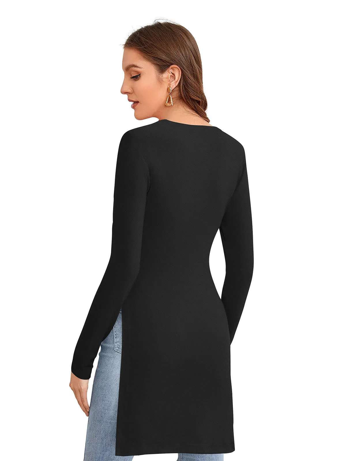 Odette Black Polyester Solid Long Top For Women